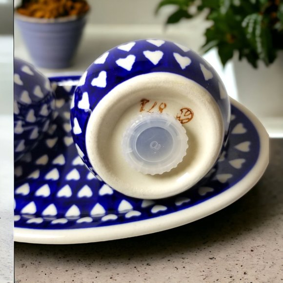 Cobalt Blue 3-Pcs Salt and Pepper Set Love Is All Around by Polish Pottery - Picture 3 of 11